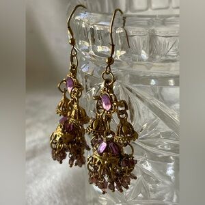 Beautiful vintage handmade earrings, India, gold tone, purple jewels